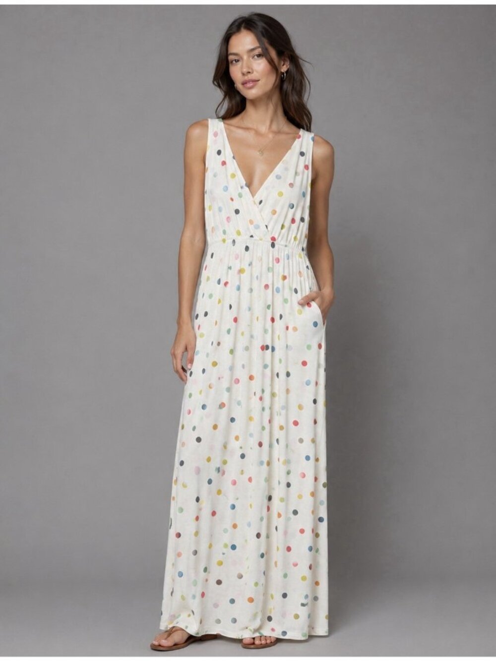 Green Cotton by GARNET HILL Womens S Off-White Polka-Dot Knit Maxi Dress V-Neck